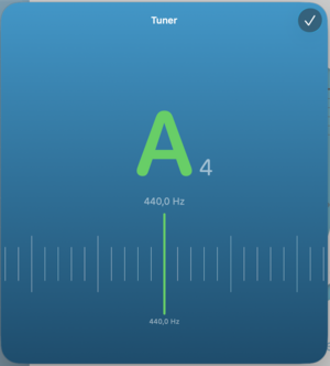 Tuner: detected note, frequency, tuning scale.