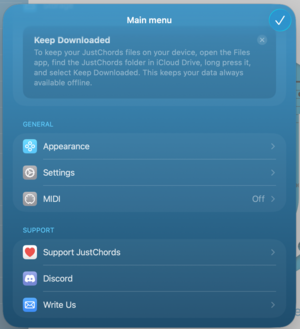 Main menu SUPPORT section: Support JustChords, Discord, Write Us.